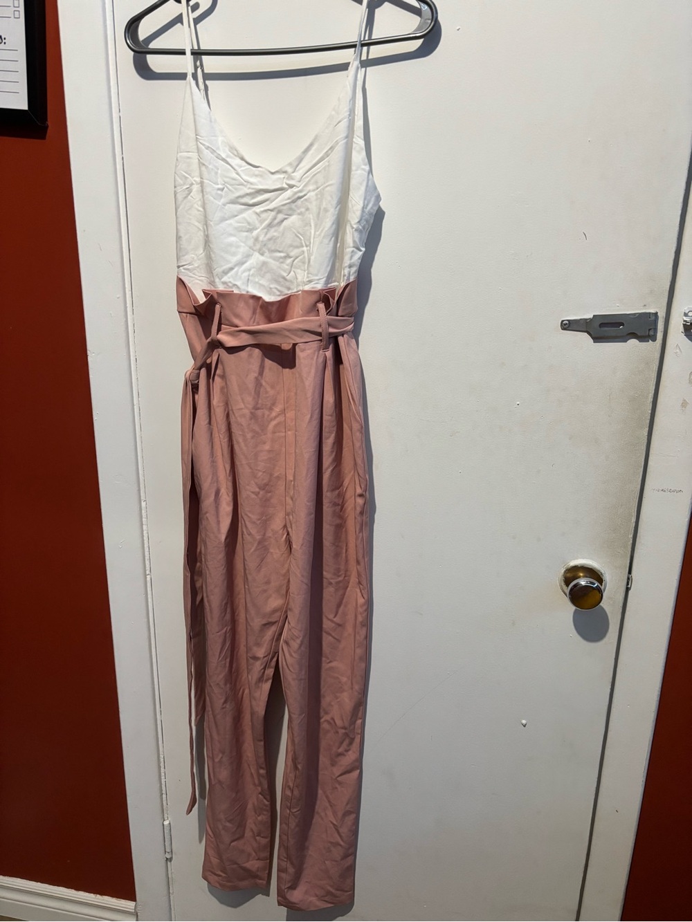 Women’s White & Dusty Rose Paperbag Waist Jumpsuit